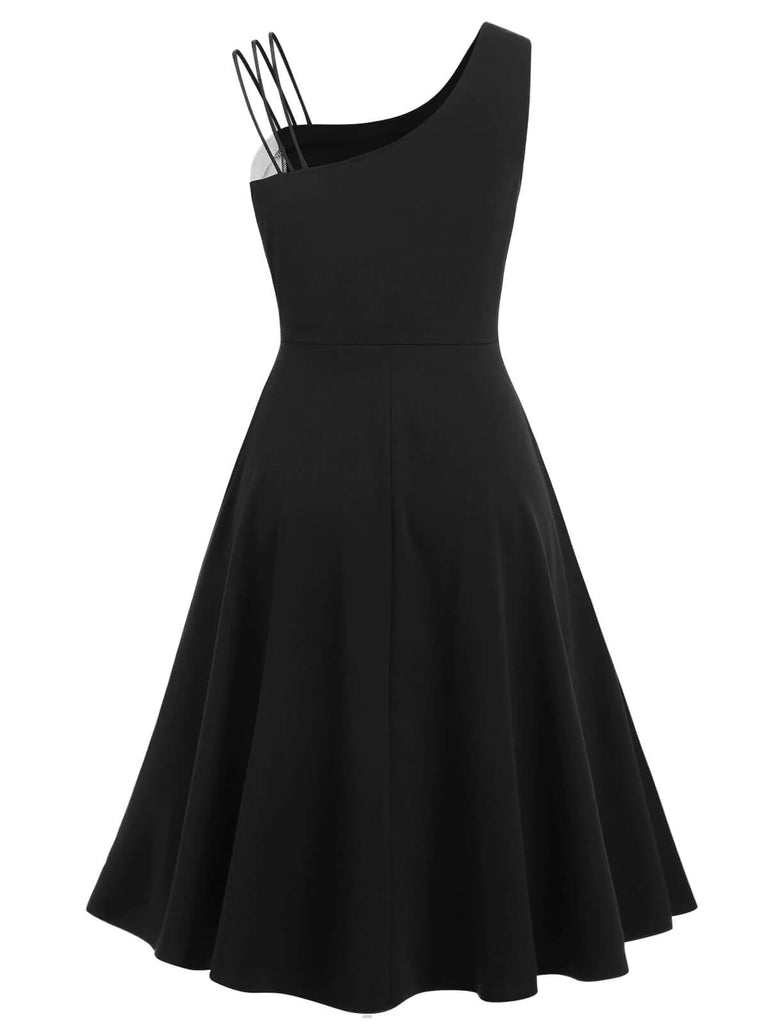 Robe Vintage Année 50 Swing À Bretelles Asymétrique Noire Chic