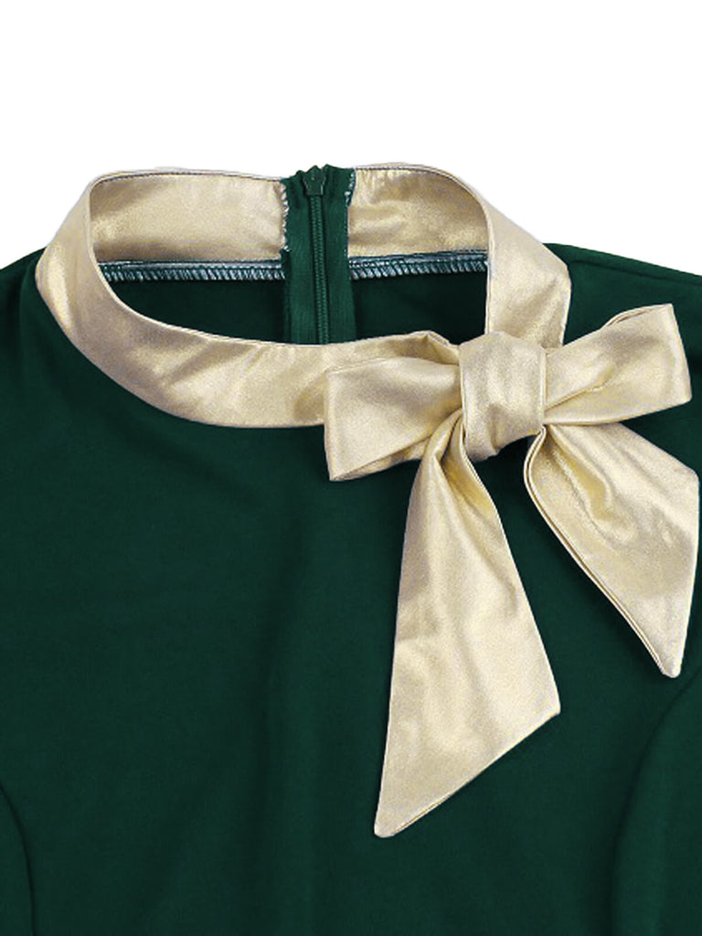 Robe Verte de Noël Vintage Années 50 Col Montant avec Nœud Papillon Chic