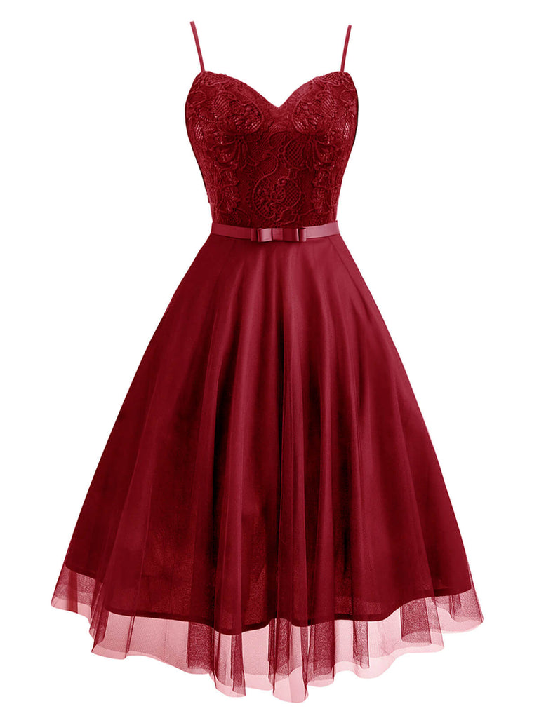 Robe Swing Vintage Rouge Année 50 en Dentelle Florale Soirée Cocktail Pin Up