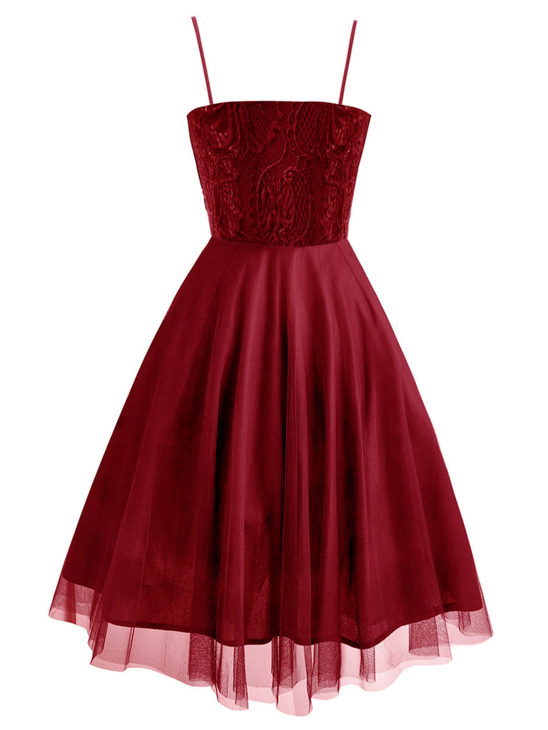 Robe Swing Vintage Rouge Année 50 en Dentelle Florale Soirée Cocktail Pin Up