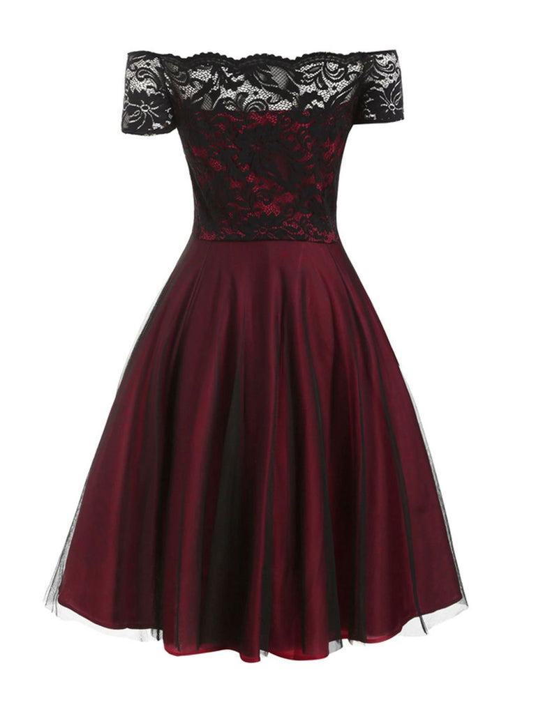 Robe de Noël Vintage Année 50 Dentelle Épaule Nue Soirée Cocktail Chic