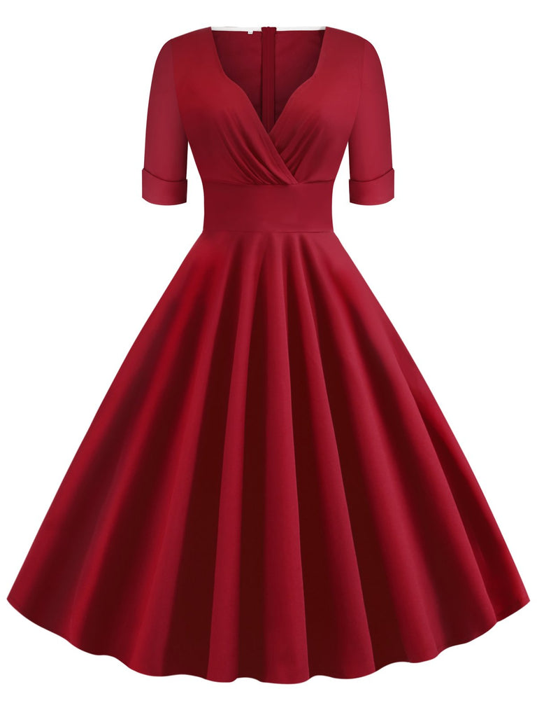 Robe Rouge Vintage Année 50 Demi-manches Col V Plain Cocktail Pin Up