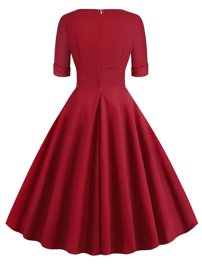 Robe Rouge Vintage Année 50 Demi-manches Col V Plain Cocktail Pin Up