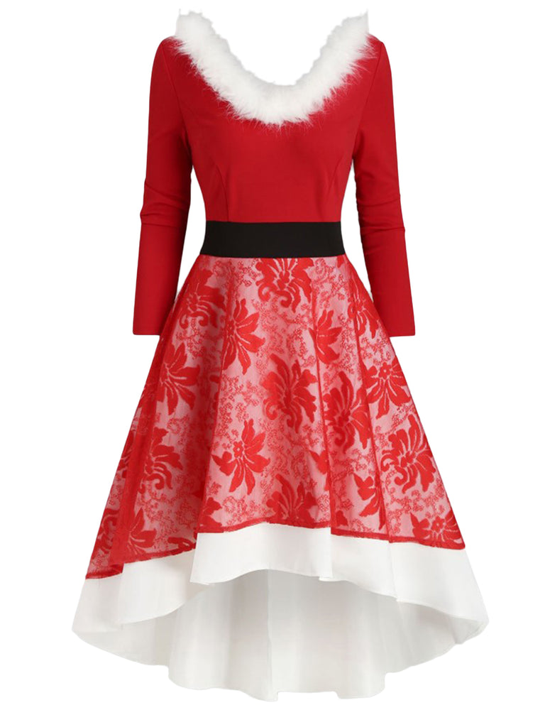 Robe Rouge Pour Noël Années 50 Vintage Patchwork Manches Longues