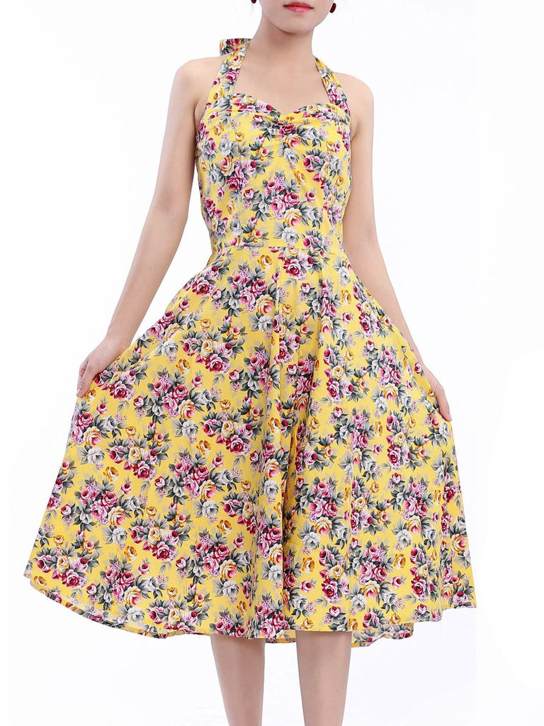 Robe Vintage Florale à Col Licou Année 50 Cocktail Pin Up