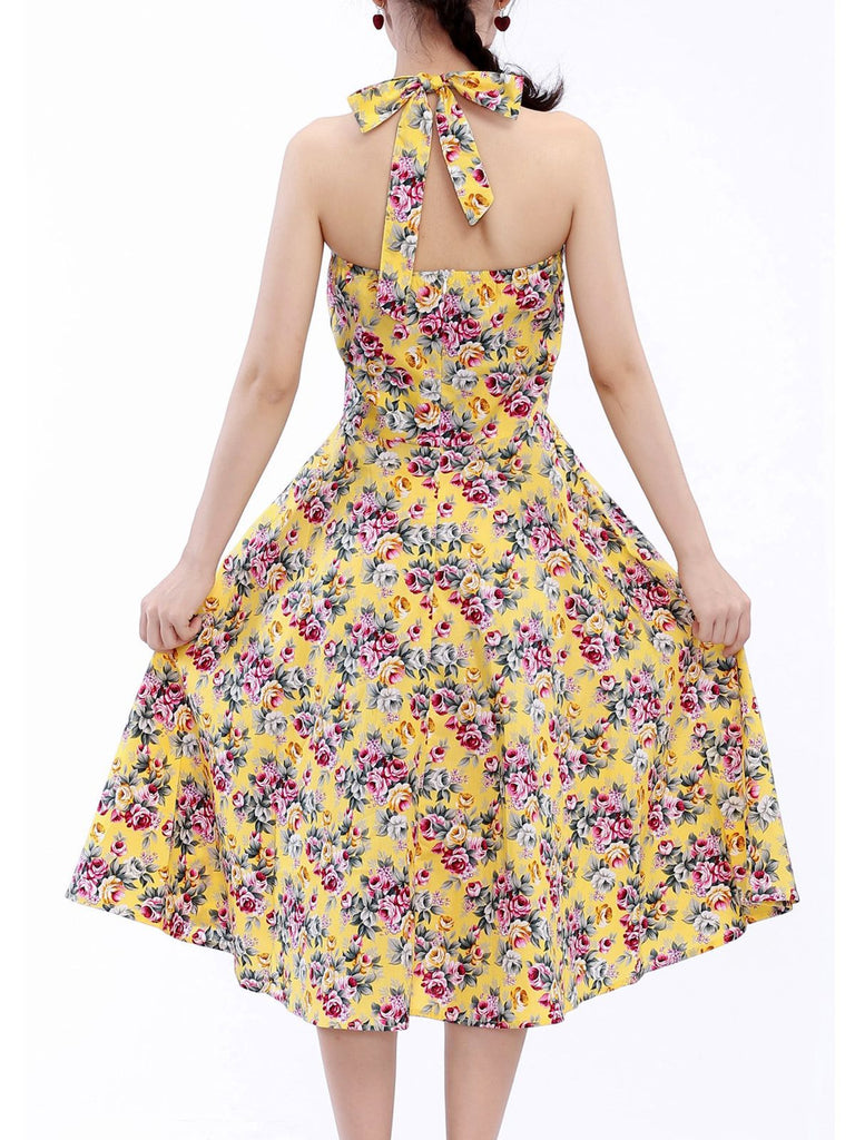 Robe Vintage Florale à Col Licou Année 50 Cocktail Pin Up