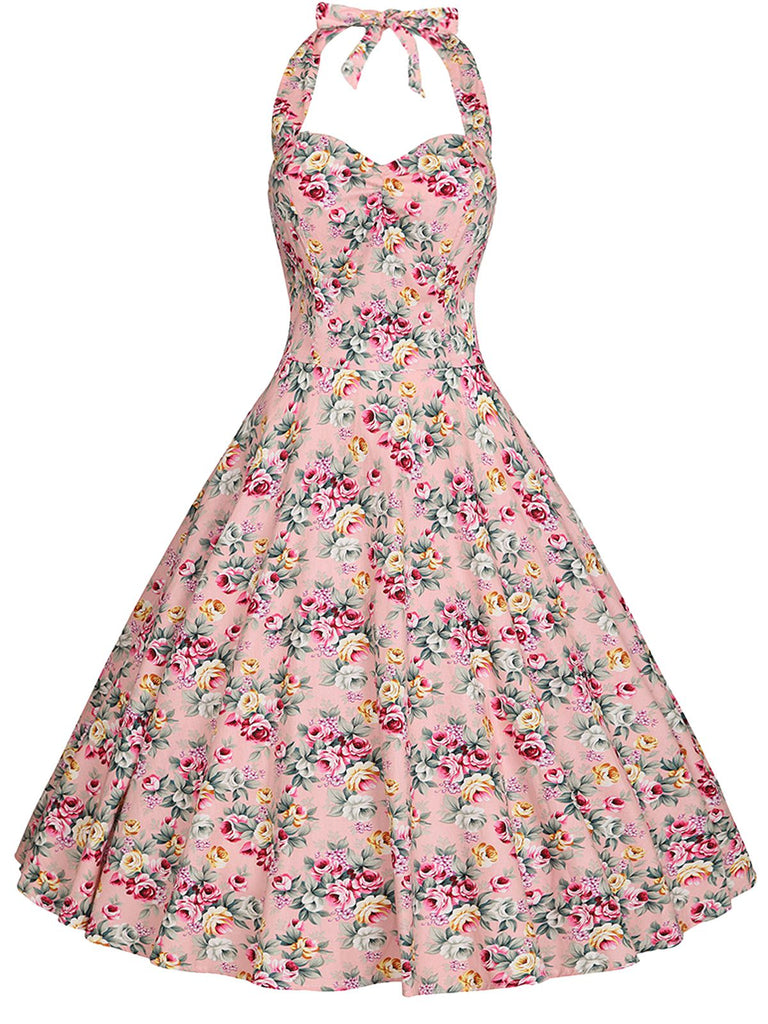Robe Vintage Florale Rose à Col Licou Année 50 Cocktail Pin Up