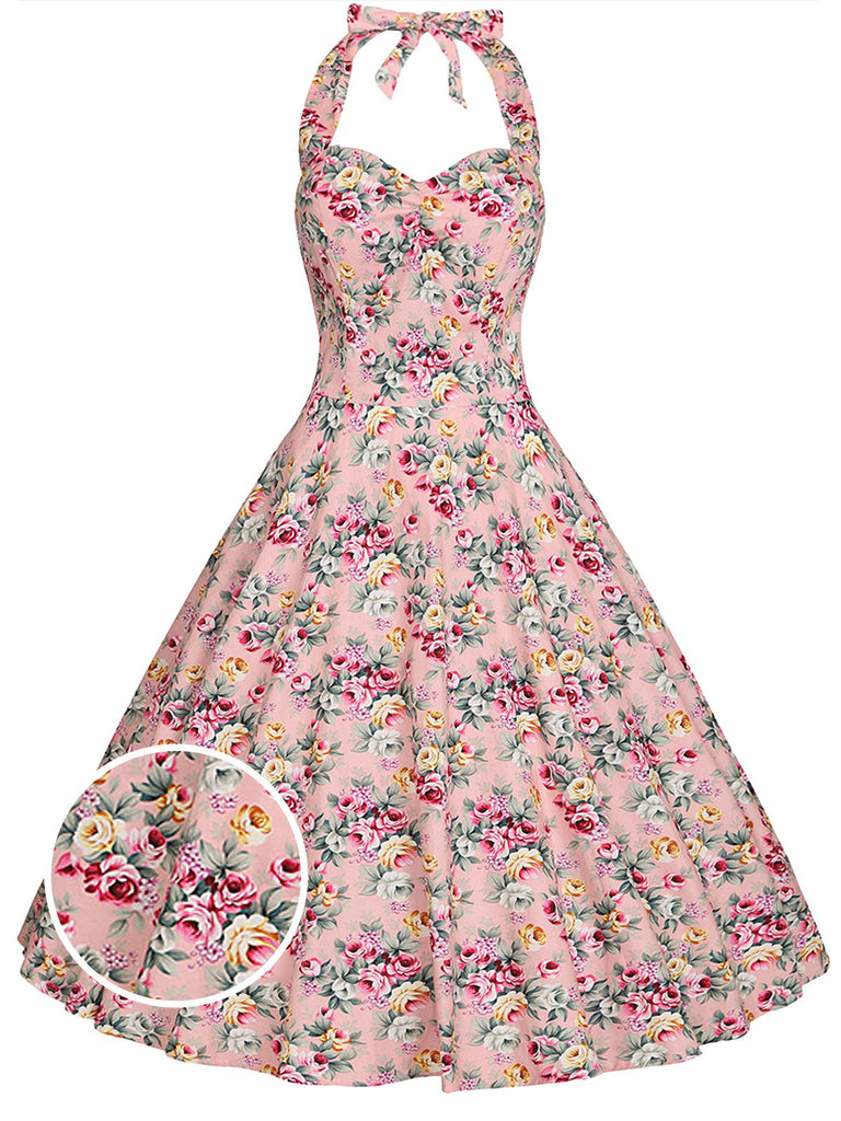 Robe Vintage Florale Rose à Col Licou Année 50 Cocktail Pin Up
