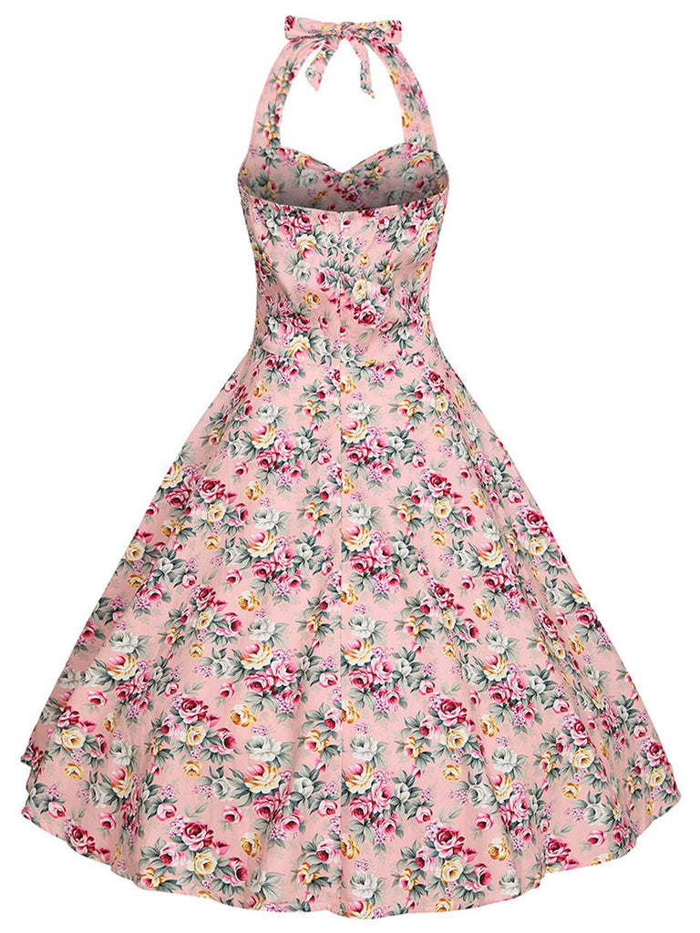 Robe Vintage Florale Rose à Col Licou Année 50 Cocktail Pin Up