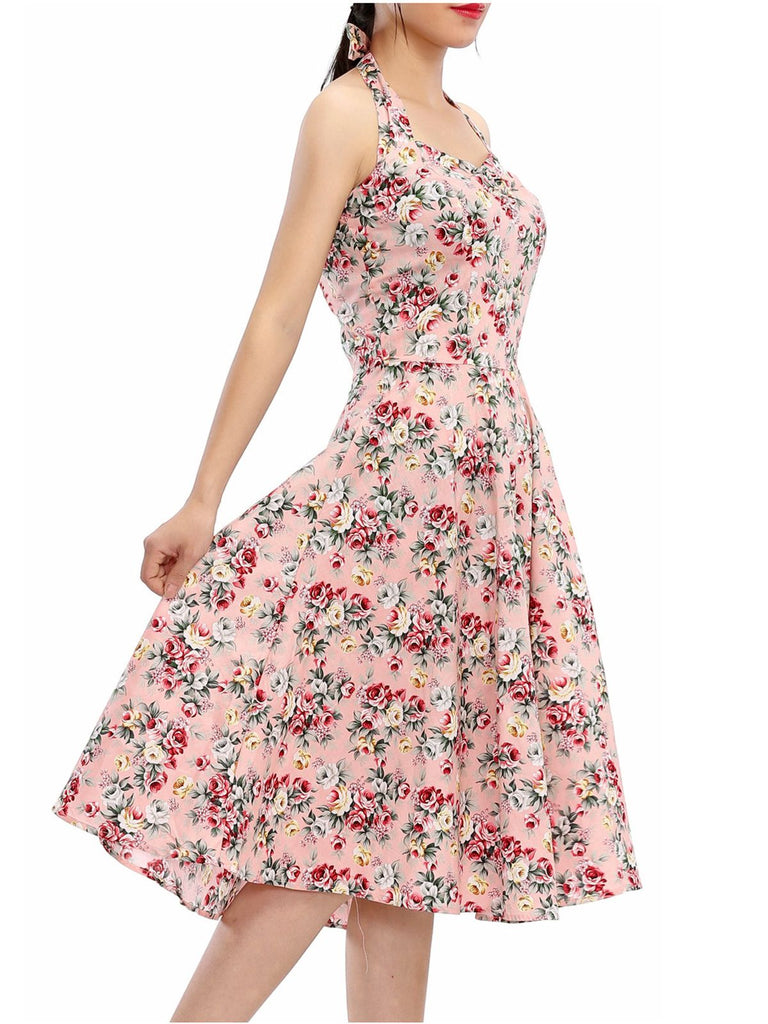 Robe Vintage Florale Rose à Col Licou Année 50 Cocktail Pin Up
