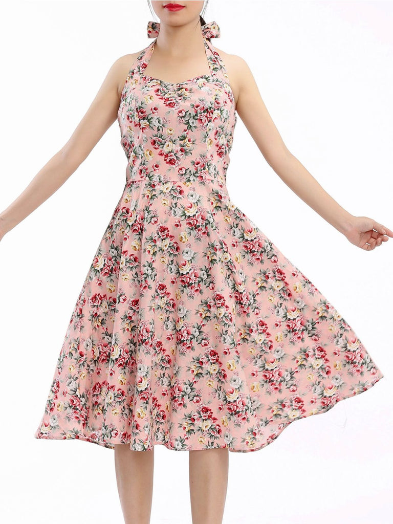 Robe Vintage Florale Rose à Col Licou Année 50 Cocktail Pin Up