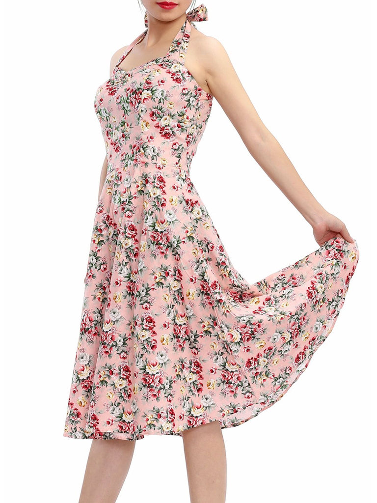 Robe Vintage Florale Rose à Col Licou Année 50 Cocktail Pin Up