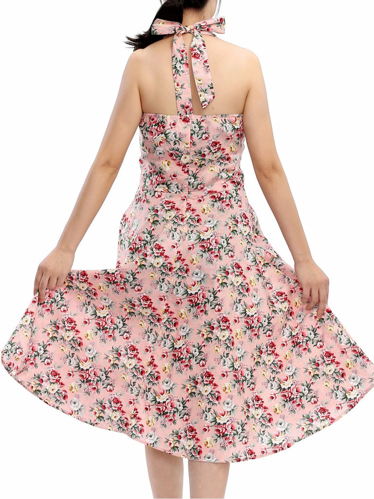 Robe Vintage Florale Rose à Col Licou Année 50 Cocktail Pin Up
