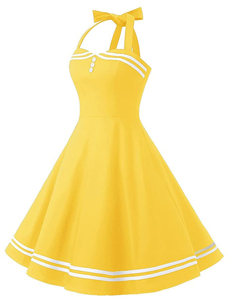 Robe Vintage à Bretelle  Années 50 Jaune À Col Licou Chic