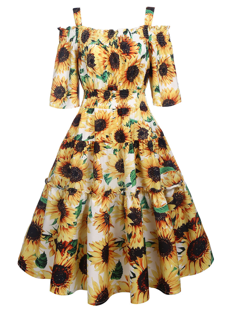 Robe Vintage Année 50 Tournesol Bretelle Épaule Nue