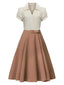2PCS Année 50 Chemise Beige et Jupe Kaki Vintage Chic