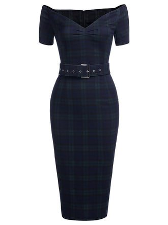 Robe Crayon Vintage Bleu Année 60 À Carreaux Cocktail Pin up