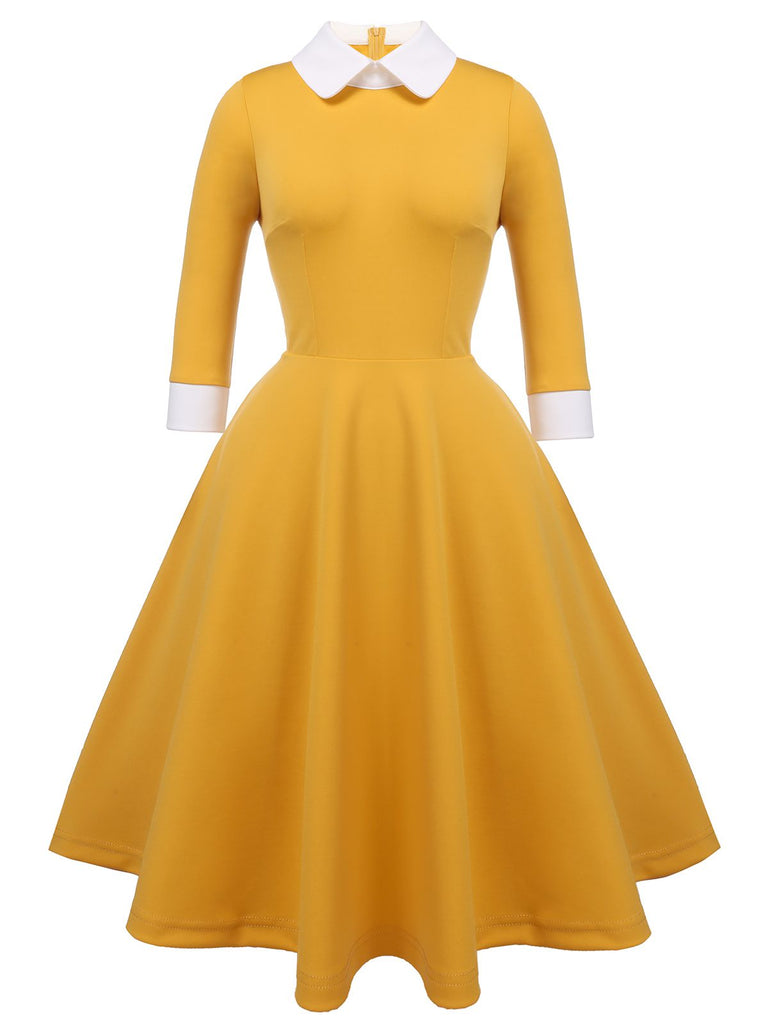 Robe Swing Vintage Année 50 Jaune Manches Longues Pin Up
