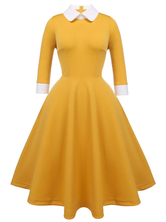 Robe Swing Vintage Année 50 Jaune Manches Longues Pin Up