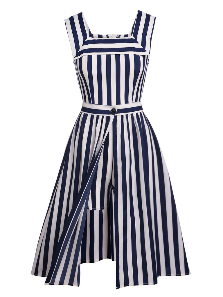 Robe Swing Vintage Années 50 Bleu Combishort Rayure et Jupe Chic