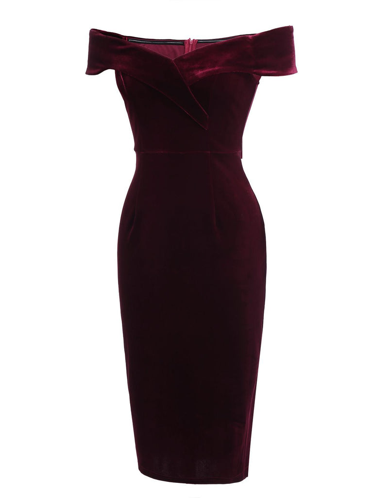 Robe Crayon Vintage Bordeaux Velours Année 60 Cocktail Chic