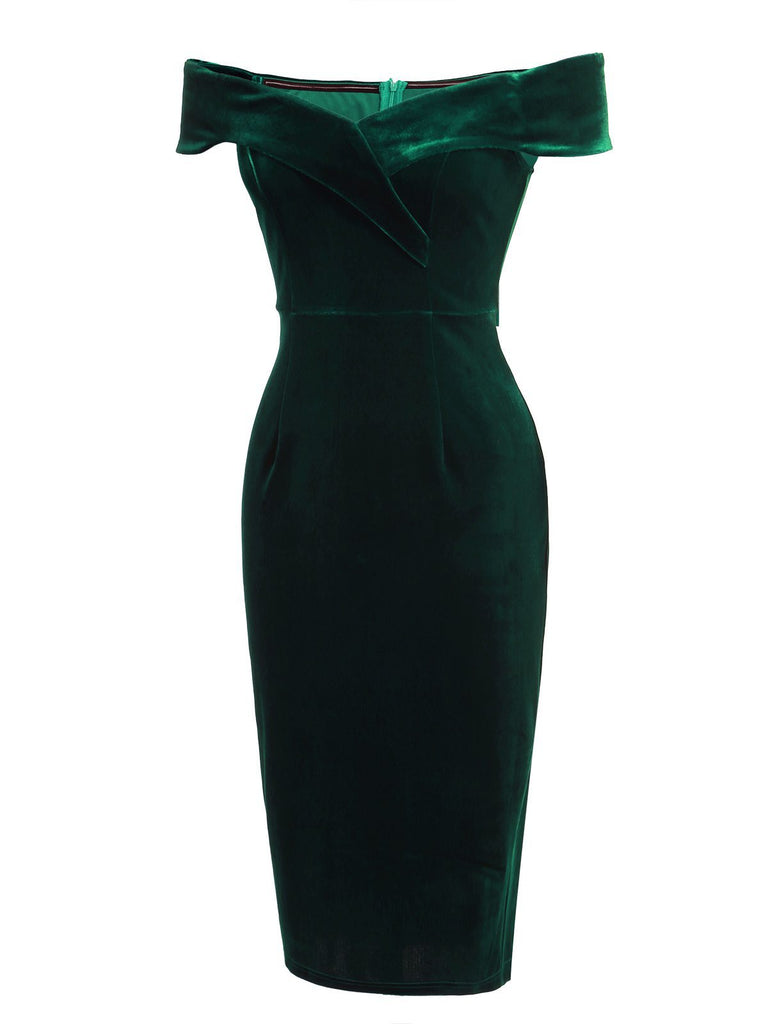 Robe Crayon Vintage Verte Année 60 Solide en Velours