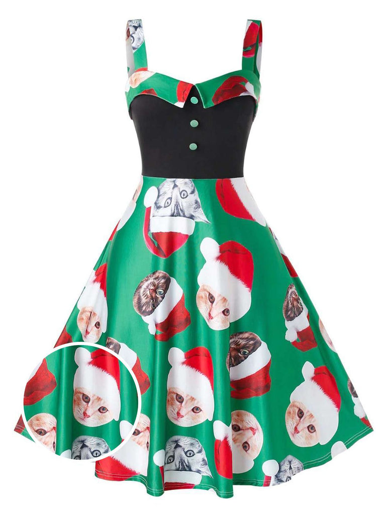 Robe de Noël Vintage femme à Bretelle Année 50 Chat de Noël Chic