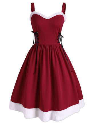 Robe de Noël Vintage Années 50 à Bretelle Bordeaux Poilue Chic