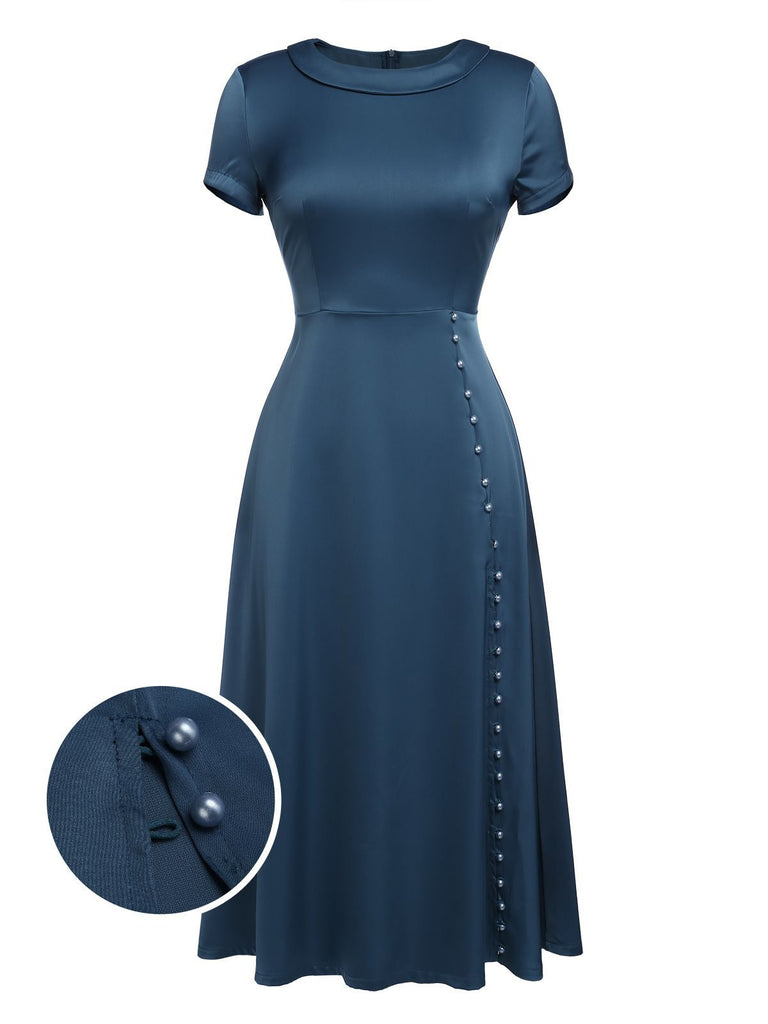 Robe Vintage Année 40 Bleu avec Boutons Perles Couleur Solide Chic