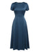 Robe Vintage Année 40 Bleu avec Boutons Perles Couleur Solide Chic