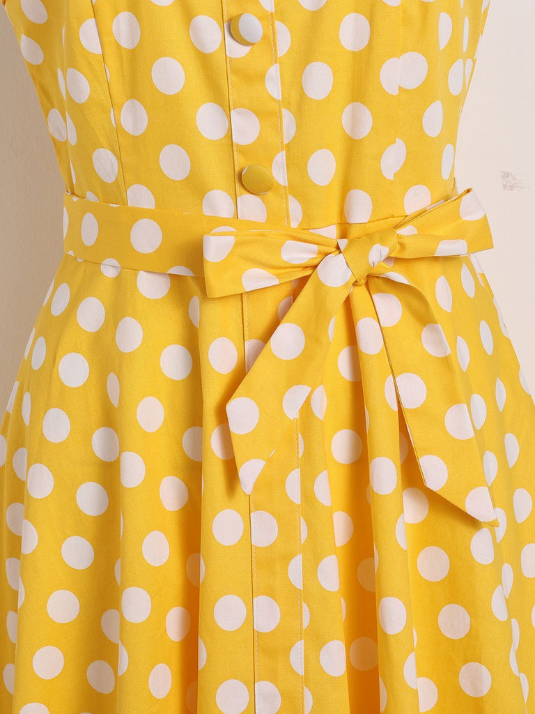 Robe Swing Vintage Jaune Année 50 Boutonnée à Pois Chic