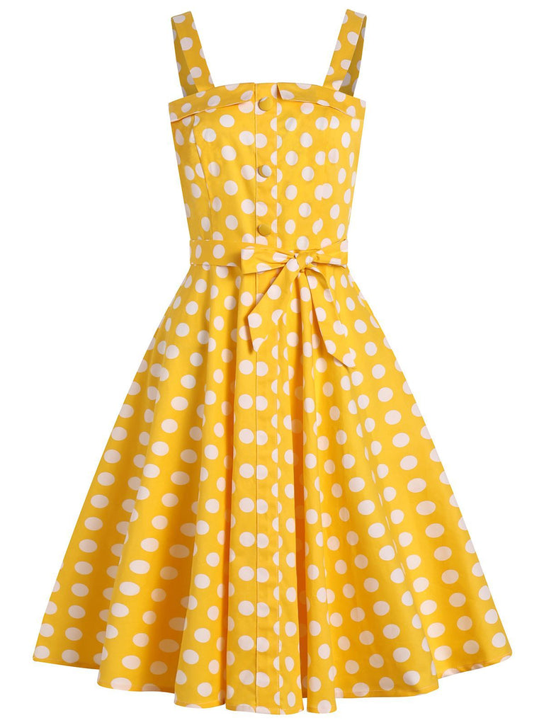 Robe Swing Vintage Jaune Année 50 Boutonnée à Pois Chic