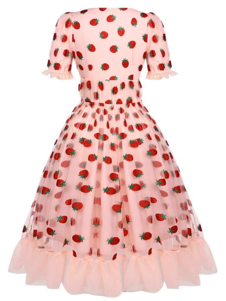 Robe Swing Vintage Année 50 Gaze Rose Fraise Soirée Cocktail Pin Up