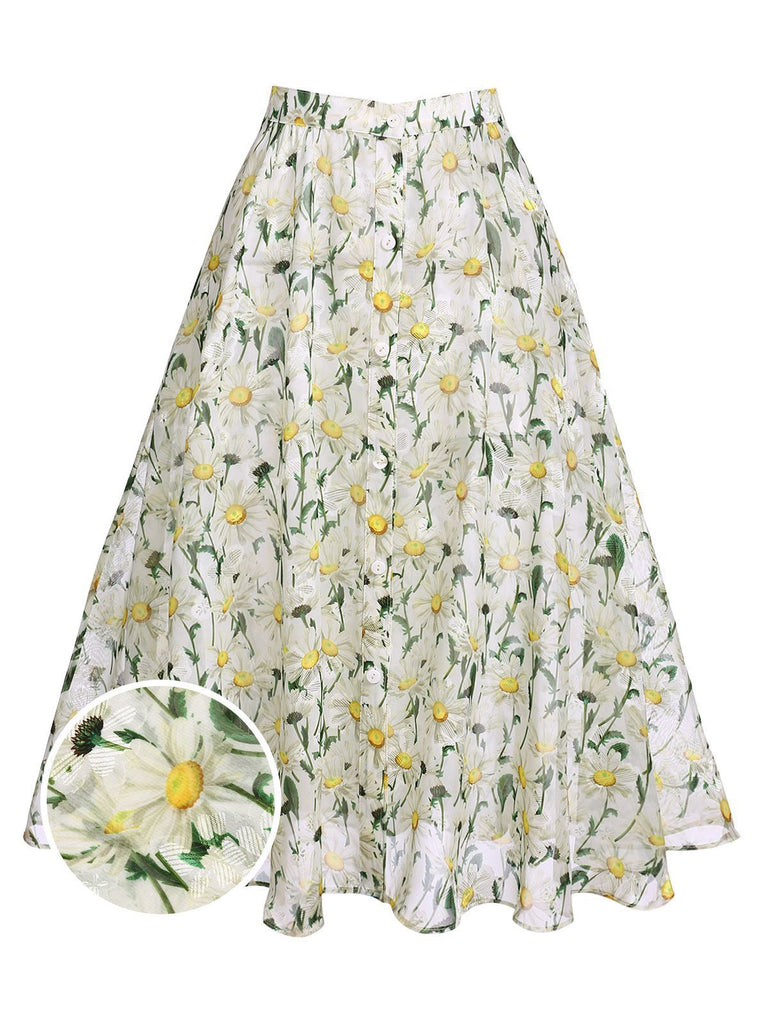 Jupe Blanc Années 50 à Fleurs