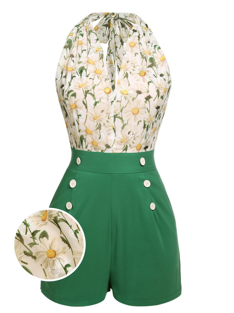 Combishort Vert Vintage Années 50 à Fleur avec Boutons Chic