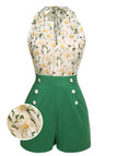 [Prévente] Combishort Vert Vintage Années 50 à Fleur avec Boutons Chic