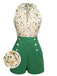 [Pré-vente] Combishort Vert Vintage Années 50 à Fleur avec Boutons Chic