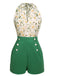 Combishort Vert Vintage Années 50 à Fleur avec Boutons