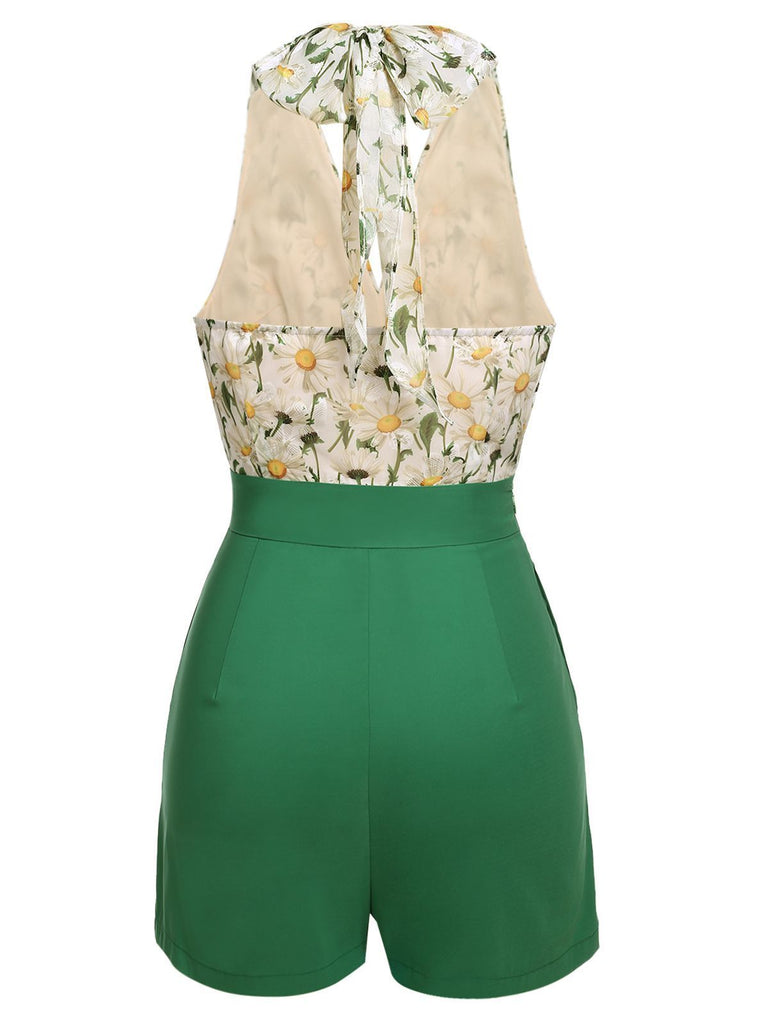 Combishort Vert Vintage Années 50 à Fleur avec Boutons Chic