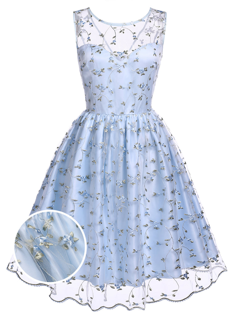 Robe Vintage Année 50 Bleu à Broderies Florales Cocktail Pin Up