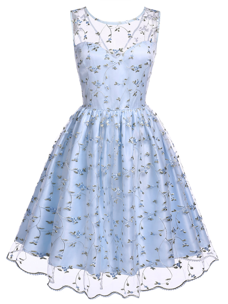 Robe Vintage Année 50 Bleu à Broderies Florales Cocktail Pin Up