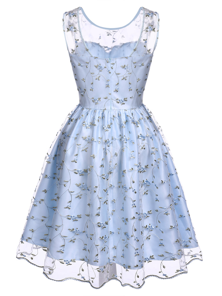 Robe Vintage Année 50 Bleu à Broderies Florales Cocktail Pin Up