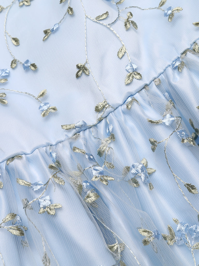 Robe Vintage Année 50 Bleu à Broderies Florales Cocktail Pin Up
