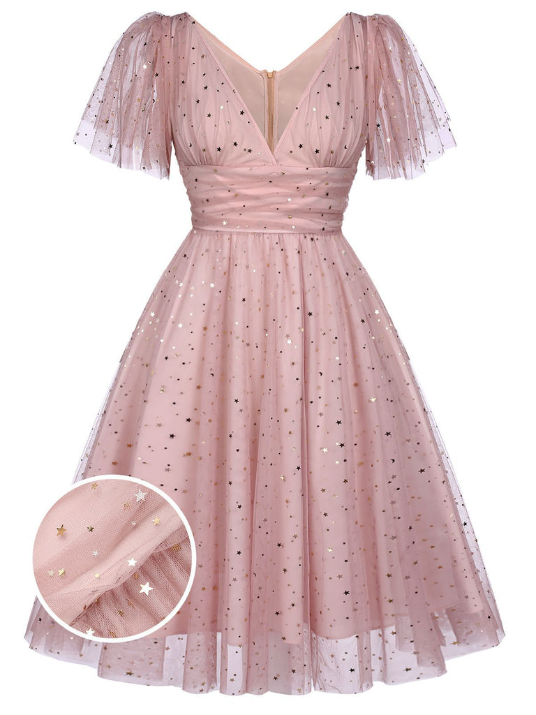 Robe Années 50 Trapèze Rose en Dentelle à Paillettes Étoilées Cocktail