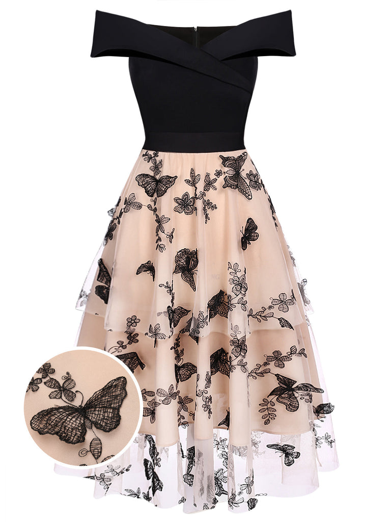 Robe Swing Vintage Année 50 Épaules Nue Papillons Soirée Cocktail Chic