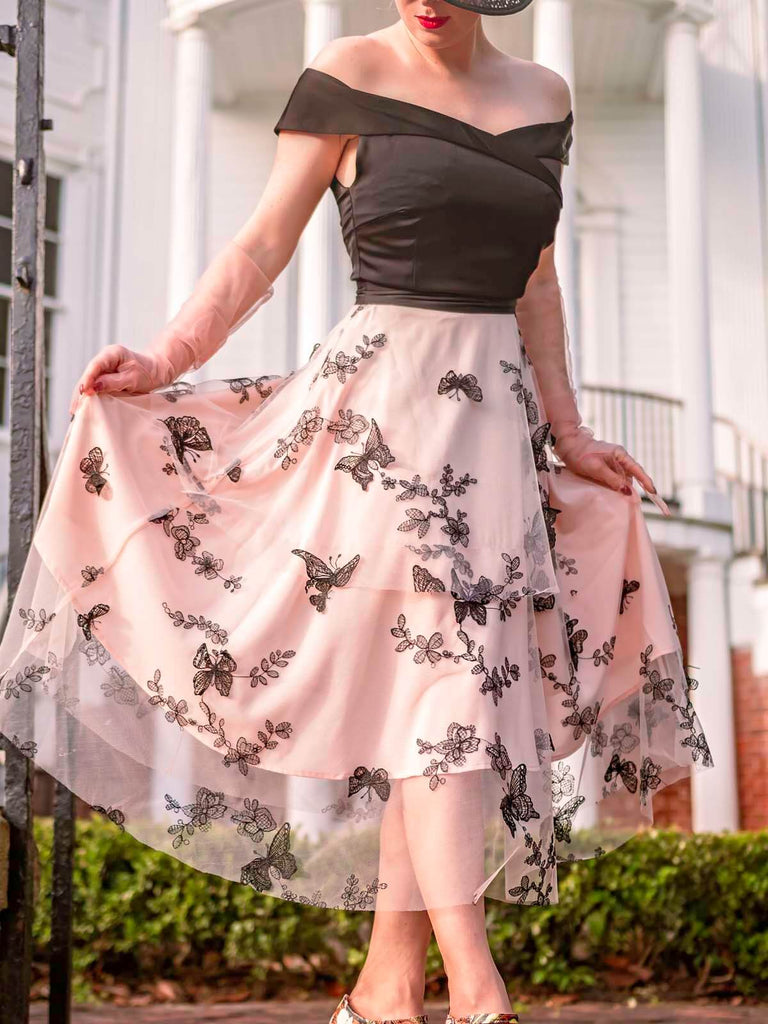 Robe Swing Vintage Année 50 Épaules Nue Papillons Soirée Cocktail Chic