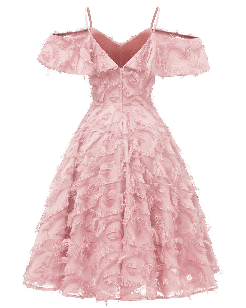Robe De Soirée Swing Vintage Année 50 à Bretelle Épaule Gland Volant Blanc