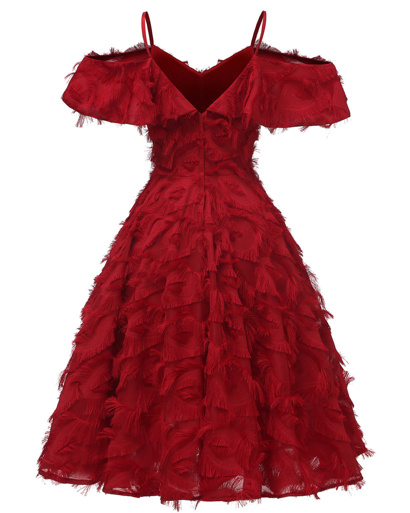 Robe De Soirée Swing Vintage Année 50 à Bretelle Épaule Gland Volant Blanc