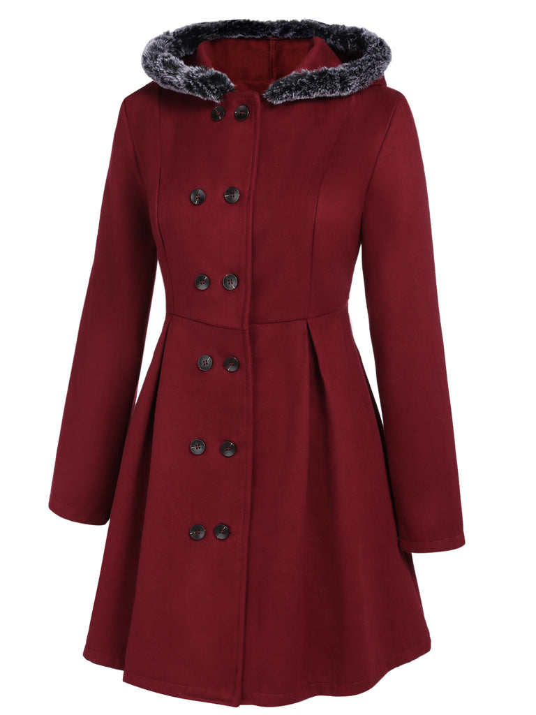 Veste Slim Vintage à Double Boutonnage en Fourrure Synthétique à Capuche Princess