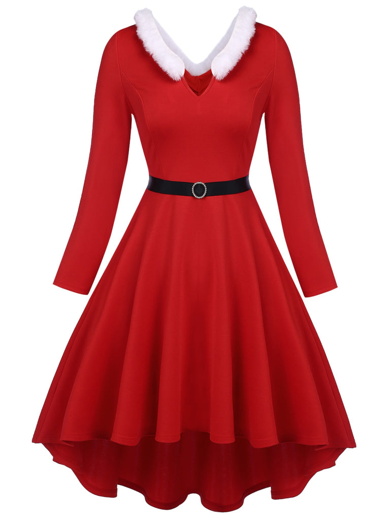 Robe de Noël Rouge Vintage à Fourrure Synthétique Année 50 À Col V
